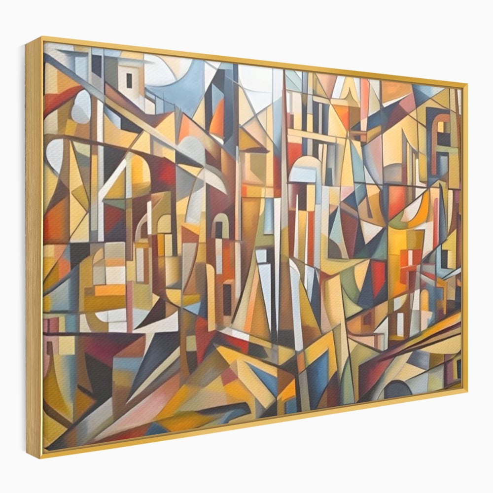Tablou canvas cu tablou abstract cu peisaj urban, in rama de aluminiu auriu